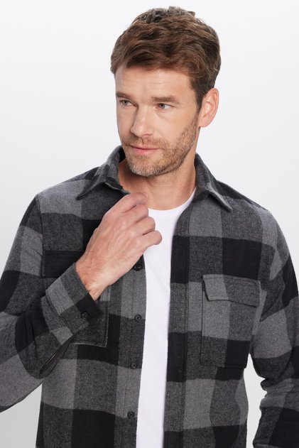 Erkek Slim Fit Dar Kesim Oduncu Çift Cep Kapaklı Kareli Kışlık Gömlek