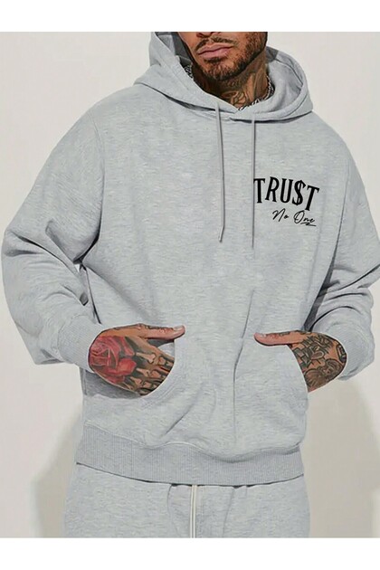 Trust No One Front Printed Gray Hooded Sweatshirt