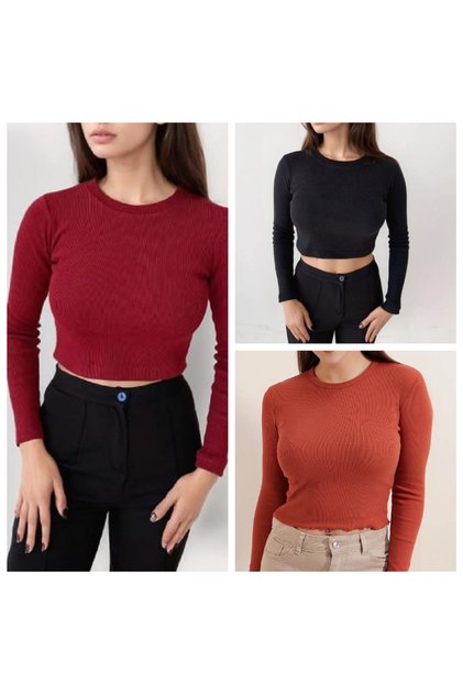 Pachet de 3 bluze crop pentru femei, 100% bumbac, cu mânecă lungă și decolteu rotund