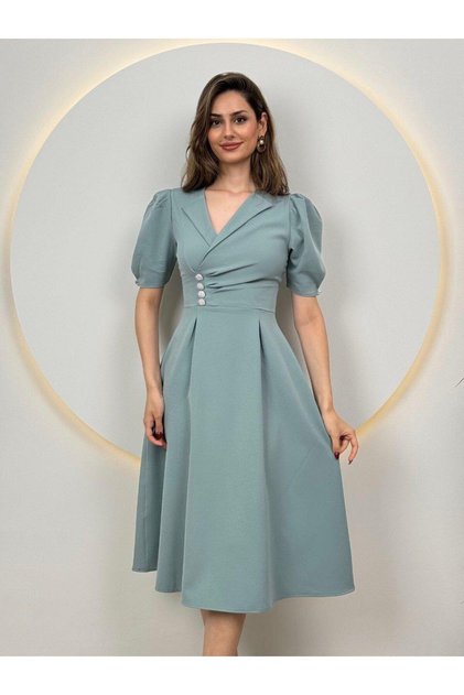 Kadın Parlak Taşlı Düğme Detaylı Ceket Yaka Çağla Yeşili Düğün Nikah Abiye Elbise