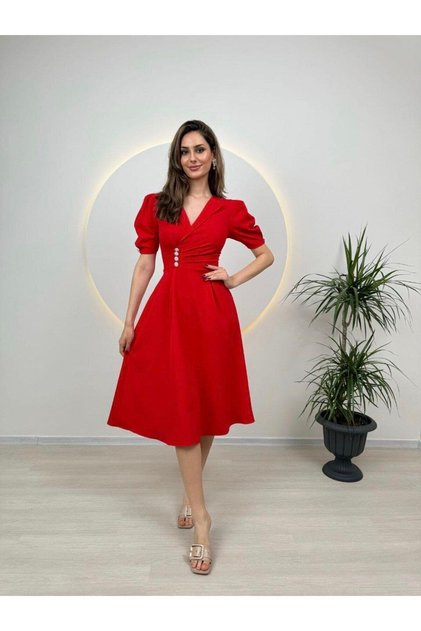 Shiny Jewelled Red Wedding Evening Dress - Jacket Collar and Button Detail