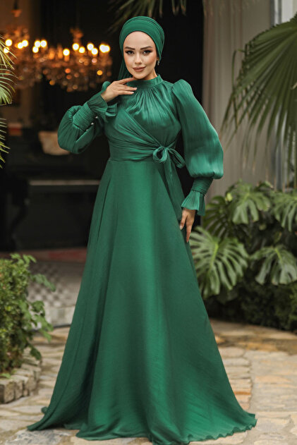 Neva Style Green Hijab Evening Dress with Lacing Detail 48051Y- Trendyol Neva Style Green Hijab Evening Dress with Lacing Detail 48051Y- Trendyol