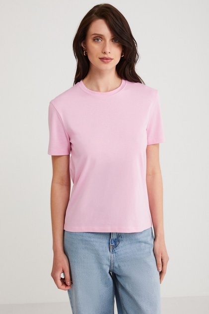 Modest Martına Women's 100% Organic Cotton Regular Fit Regular Fit Crew Neck Basic Pink T-Shirt