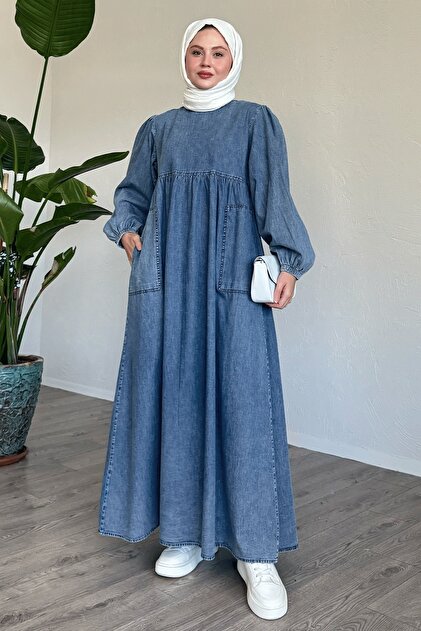 InStyle Loose Sleeve Large Pocket Blue Denim Dress- Trendyol