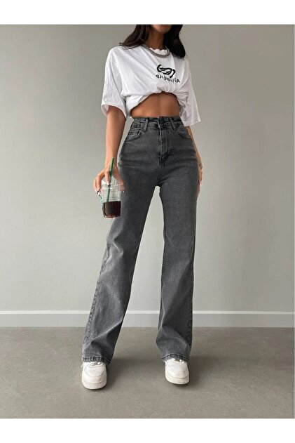 Vien Power Stretch Fabric Smoked Snow Super High-Waist Relaxed Leg Denim Jeans