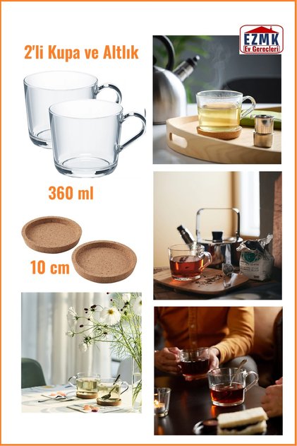 Cam Kupa Seti \ 2'li Set \ 360 ml \ 10 Cm Mantar Altlık