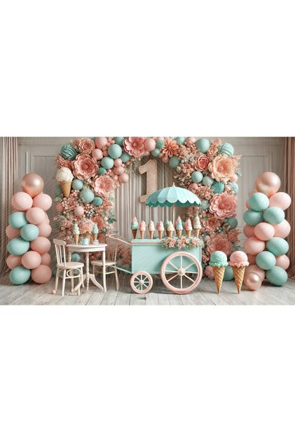 Birthday-themed studio backdrop decorated with pastel-colored ice cream stand and balloons, 200x150cm