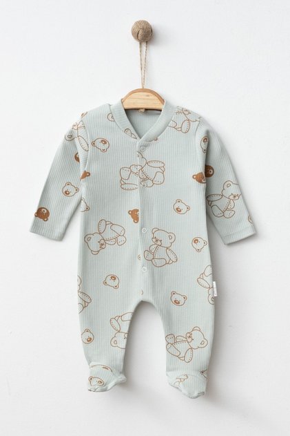 Teddy Bear Patterned Baby Romper with Booties