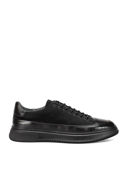 Siyah Hakiki Deri Lastik Bağcıklı Erkek Sneaker