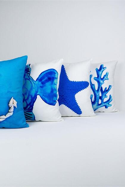 Double-Sided Blue Marine Patterned 4-Piece Digital Printed Throw Pillow Cover Set 4Kmbs001-Ct