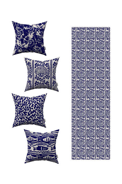 Blue Beige Marine Patterned 4-Piece Throw Pillow Cover 1 Runner Set 4kmbs102-rs-01