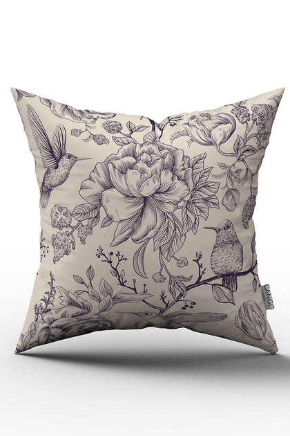 Double Sided Beige Navy Blue Flower and Bird Patterned Digital Printed Throw Pillow Cover - Otyk800-ct
