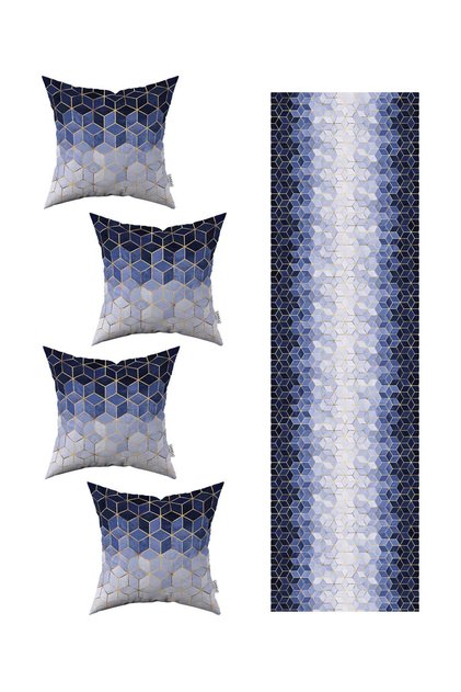 Blue Gold Mosaic Patterned 4-Piece Throw Pillow Cover 1 Runner Set 4kmbs175-rs