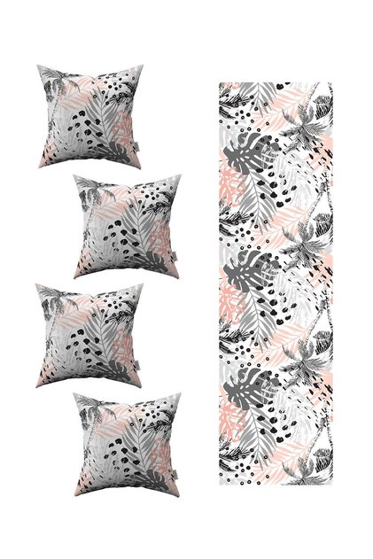 Gray Pink Tropical Leaf Patterned 4-Piece Throw Pillow Cover 1 Runner Set 4kmbs244-rs