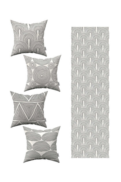 Cream Black Bohemian Scandinavian Patterned 4-Piece Throw Pillow Cover 1 Runner Set 4kmbs294-rs-2