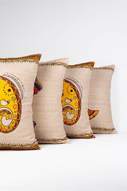 Double Sided Cream Ethnic African Figured Elephant Patterned 4-Piece Digital Printed Throw Pillow Pillowcase Set 4