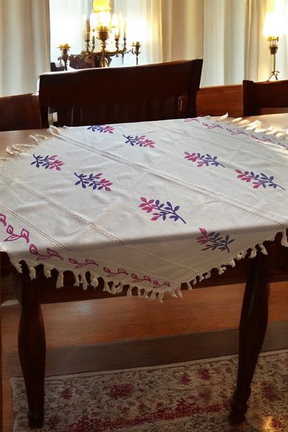 Cream Color Handmade Flower Pattern Cotton Cendere Fabric Dining Table Living Room Tablecloth