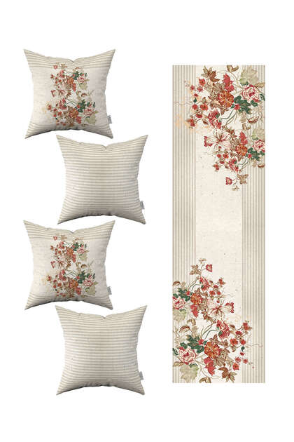 Cream Orange Striped Floral Panel Patterned 4-Piece Throw Pillow Cover 1 Runner Set 4kmbs255-rs