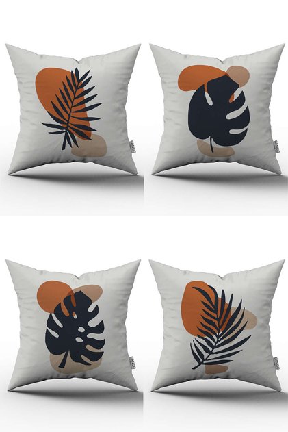 Modern Style Leaf Patterned Digital Printed Throw Pillow Cover Set 4Kmbs205 Orange Navy Blue