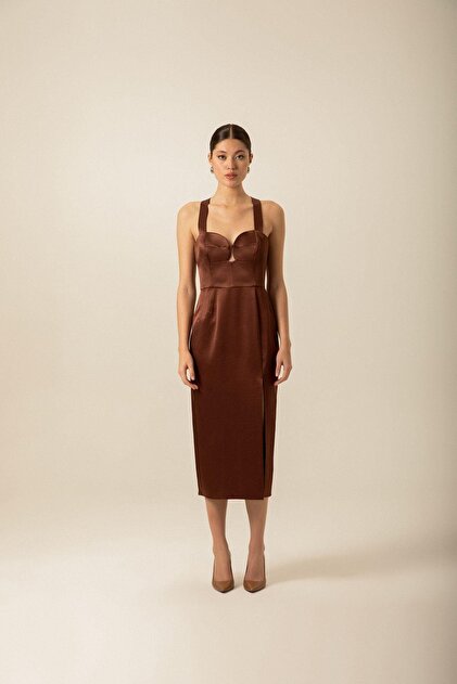Rue Brown Satin Midi Dress with Chest Cup- Trendyol