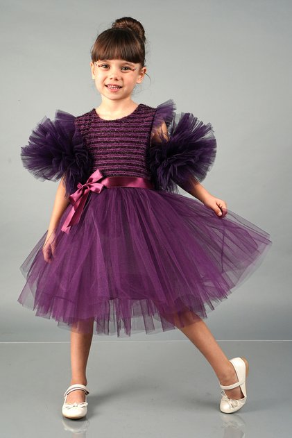 Purple Pompom Sleeves Tulle Girls' Evening Dress Party Dress