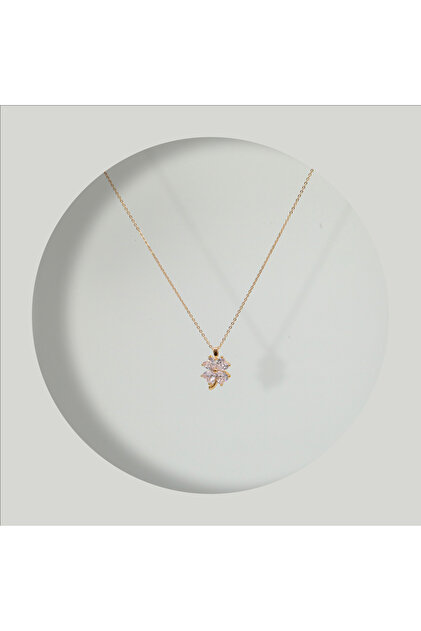 Steel Women's Necklace, Stone-Embellished Clover Detail, Gold Color, No. 91