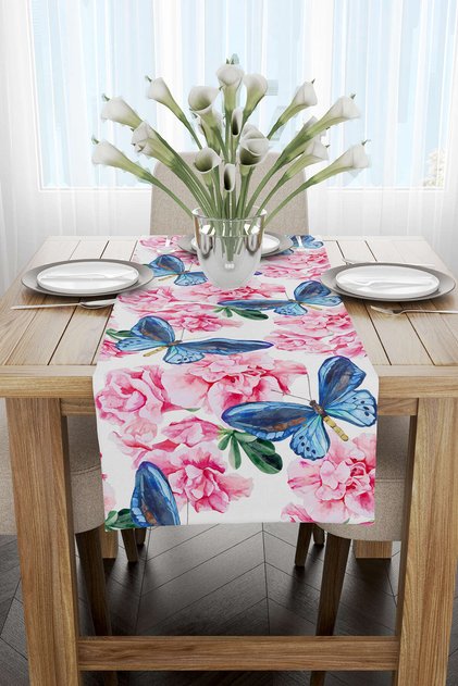 Pink Blue Butterfly and Flower Patterned Digital Printed Runner - Otyk472-rn