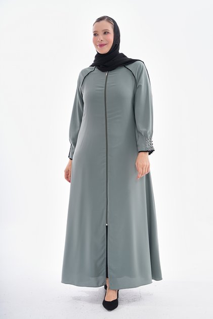 Khaki Green Medina Silk Piping Daily Wear Ferace with Pearl Detail on the Sleeve Cuff