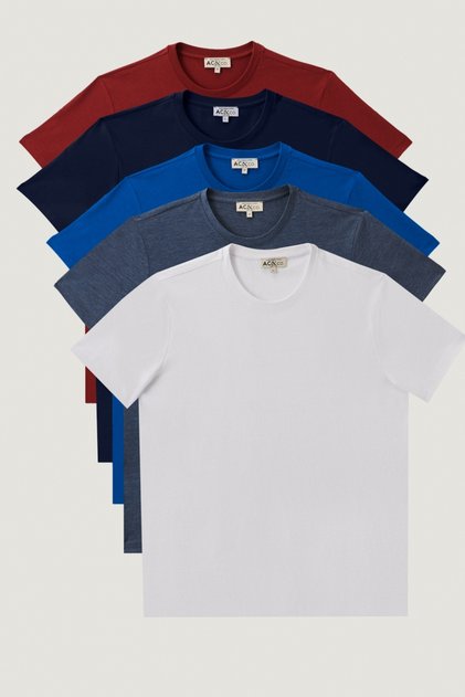 Erkek Saks-bordo-lac Slim Fit Dar Kesim Bisiklet Yaka %100 Pamuk 5'li Basic Tişört Paketi