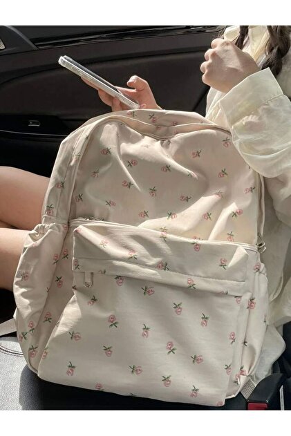 حقيبة ظهر مدرسية متعددة الأقسام على الطراز الكوري من WOMI مزينة بالزهور