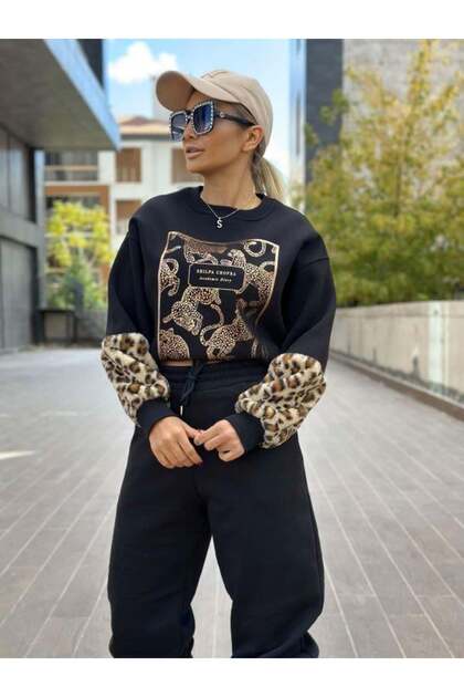 Kadın Kolu Leopar Peluş Sweatshirt Siyah