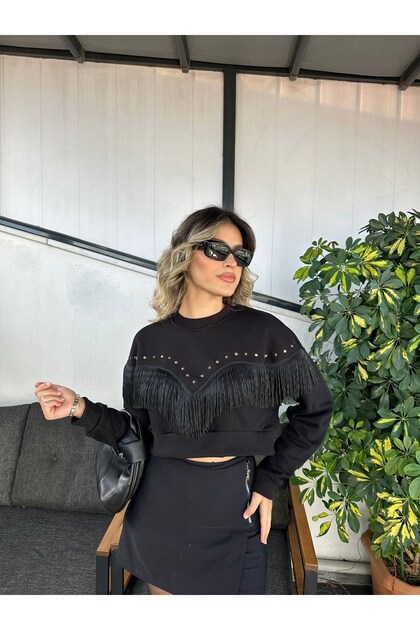 Siyah Fırfır Detaylı Crop Sweatshirt