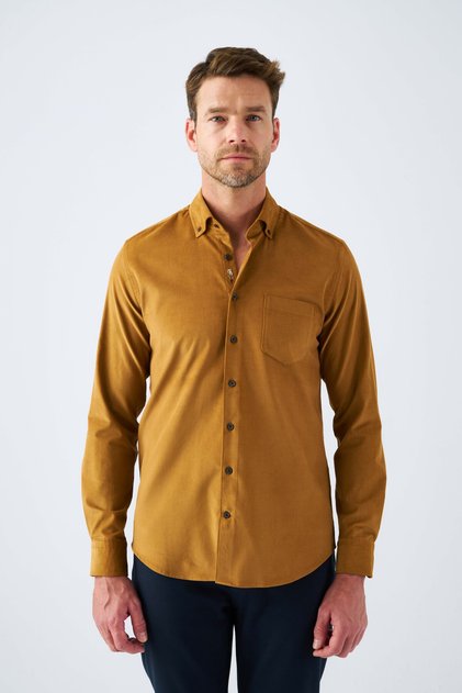 Velvet Embroidery Detailed Pocketed 100% Cotton Comfort Fit Mustard Men's Shirt