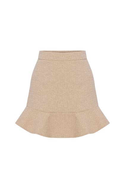 Women's Beige Color Mini Skirt with Flounce Hem