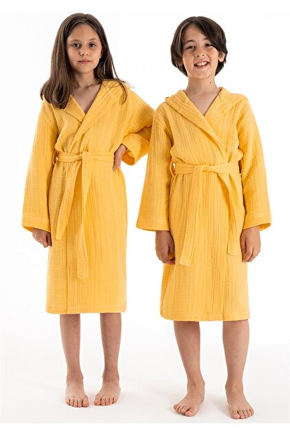 Hooded Muslin Children's Bathrobe - Yellow Color - Soft and Breathable