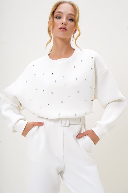 White Crew Neck Sweatshirt with Pearl Buttons on the Front and Three Threaded Ribbons Alc-X13177