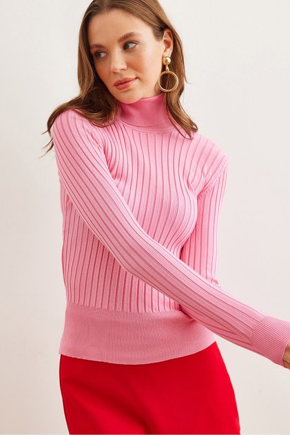 Women's Candy Pink Turtleneck Thick Corduroy Sweater Kzk- 19000882