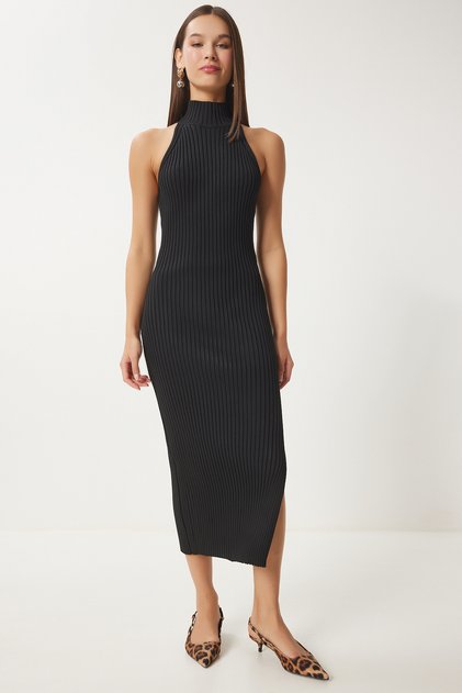 Women's Black Off-The-Shoulder Ribbed Knitwear Dress Fn03424