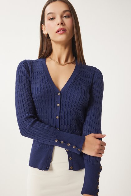 Women's Navy Blue Thessaloniki Knit Detailed Saran Knitwear Cardigan Fn03399