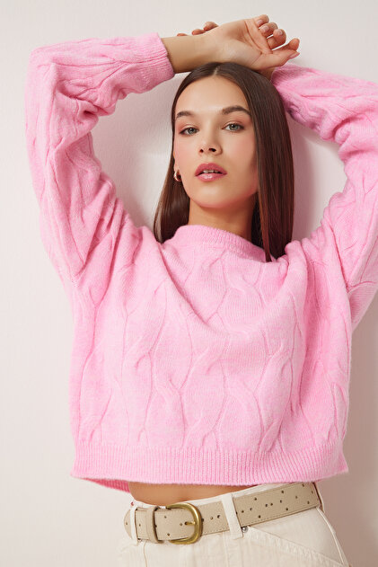Happiness İstanbul Kadın Pembe Dokulu Crop Triko Kazak MX00170