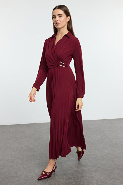Trendyol Modest Burgundy Wrap-Neck Pleated Knit Dress with Accessory Detail TCTAW25EB00138- Trendyol Trendyol Modest Burgundy Wrap-Neck Pleated Knit Dress with Accessory Detail TCTAW25EB00138- Trendyol