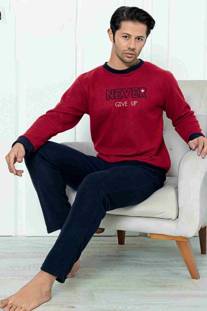 Flkm 7203 Writing Embroidered Fleece Winter Men's Pajamas Set Sleep Set