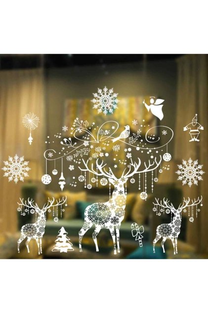 New year's christmas sticker white 3-piece deer figured 70x50 cm