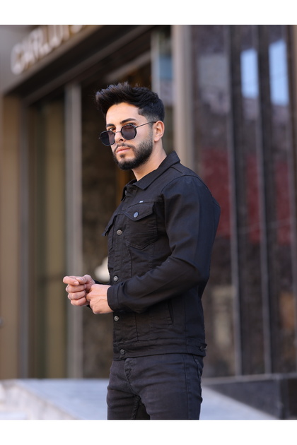 Erkek Siyah Jean Denim Standart Kalıp Cepli Düğmeli Kot Ceket