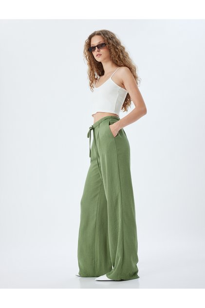 Wide Leg Pants Buttoned Waist Laced Regular Waist
