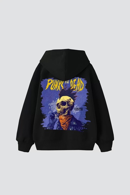 Hanorac negru oversize unisex cu imprimeu Punks Not Dead