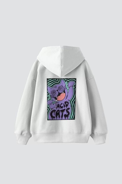 Acid Cat Back Printed White Oversize Unisex Hooded Sweatshirt