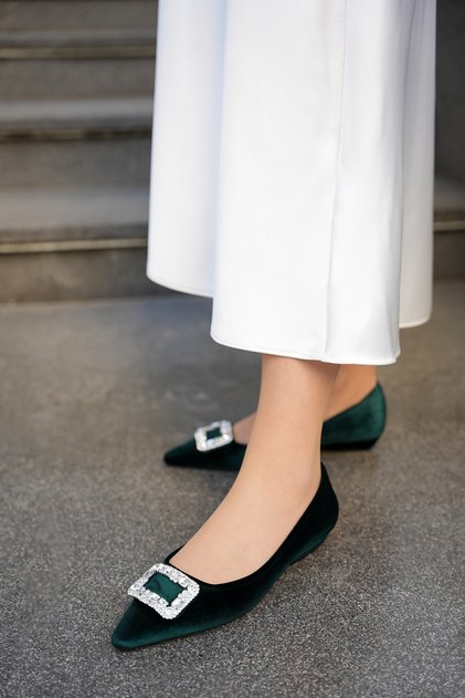 Carty Green Velvet Fabric Pointed Toe Women's Ballerinas with Stone Buckle Detail