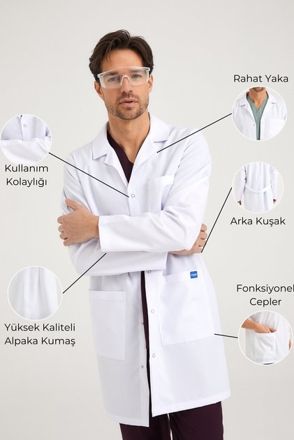 Erkek Beyaz Klasik Yaka Doktor Önlüğü Hemşire Eczacı Öğretmen Laboratuvar- Alpaka Kumaş