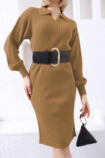 Women's Camel Polo Collar Long Knitwear Dress